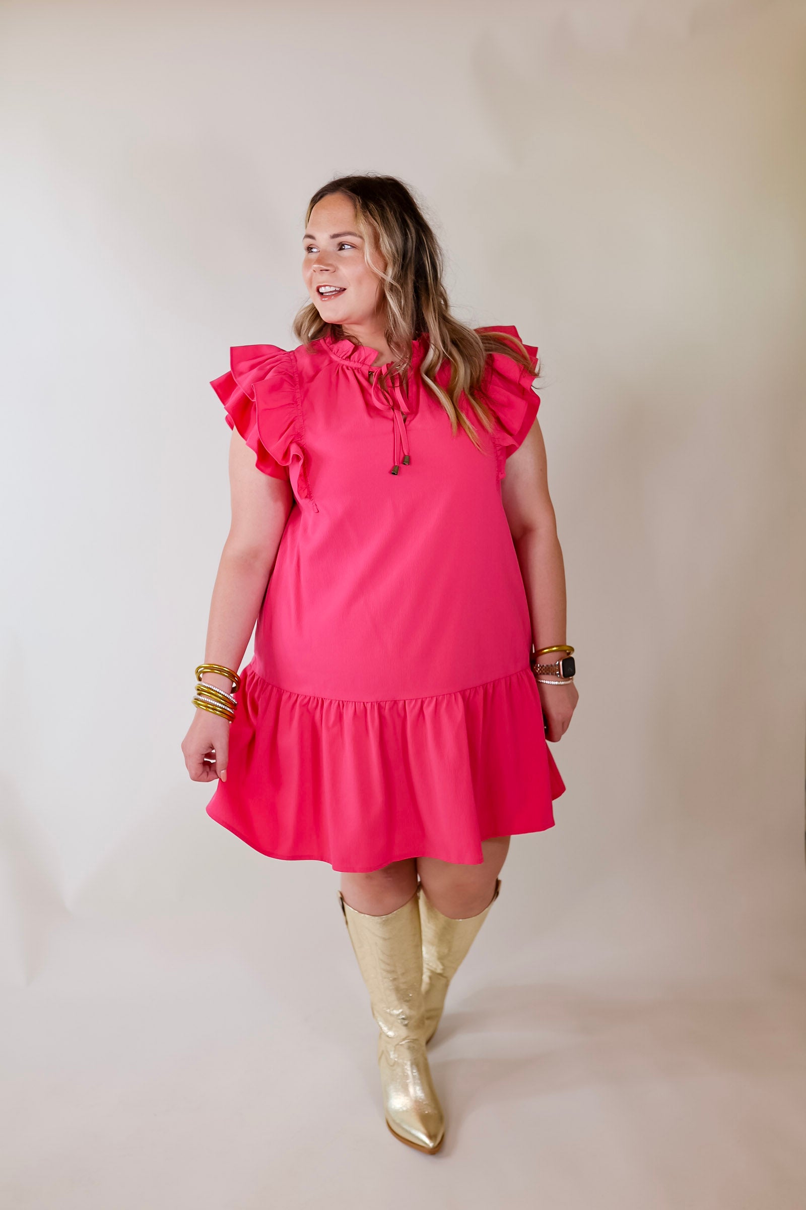 Powerful Love Ruffle Cap Sleeve Dress with Keyhole and Tie Neckline in Hot Pink - Giddy Up Glamour Boutique