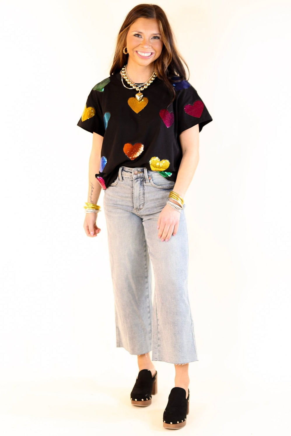 Queen Of Sparkles | Fluttering Hearts Multi-Colored Sequin Top in Black