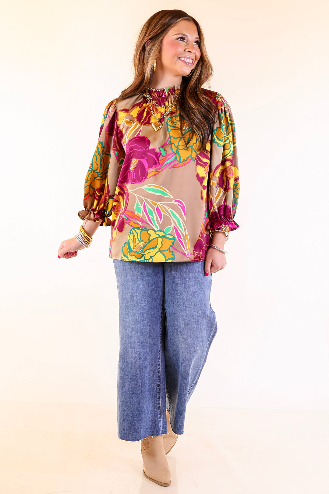 Follow Your Floral Long Sleeve Ruffle Mock Neck Top in Mocha