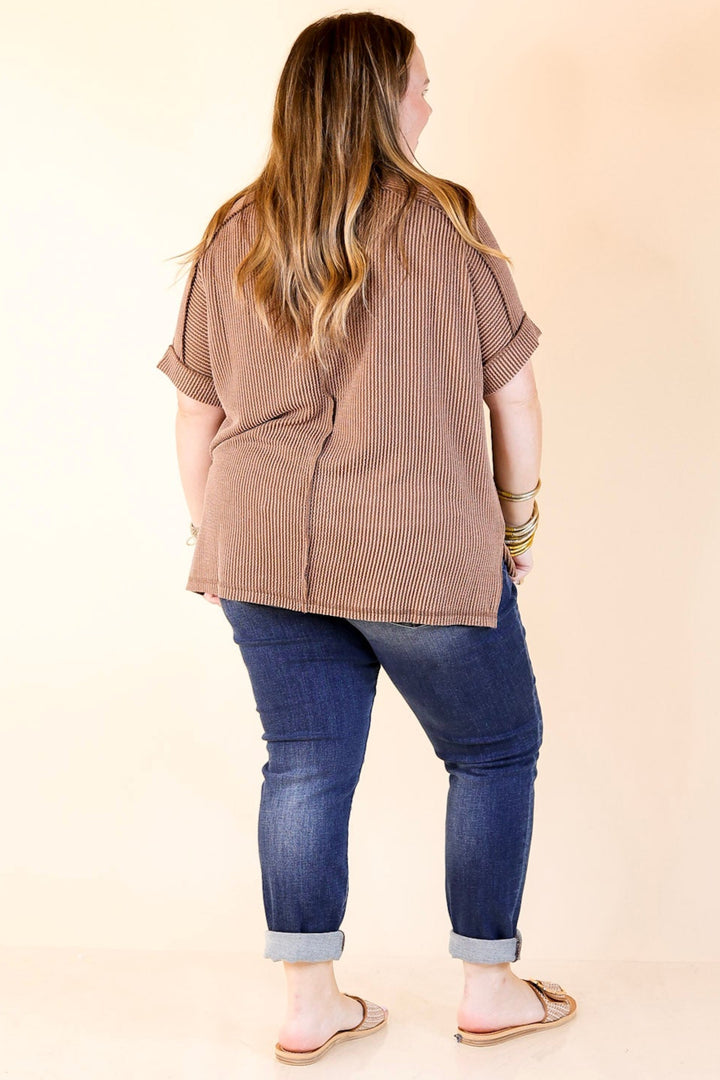 Daily Perfection Scoop Neck Short Sleeve Ribbed Top in Brown
