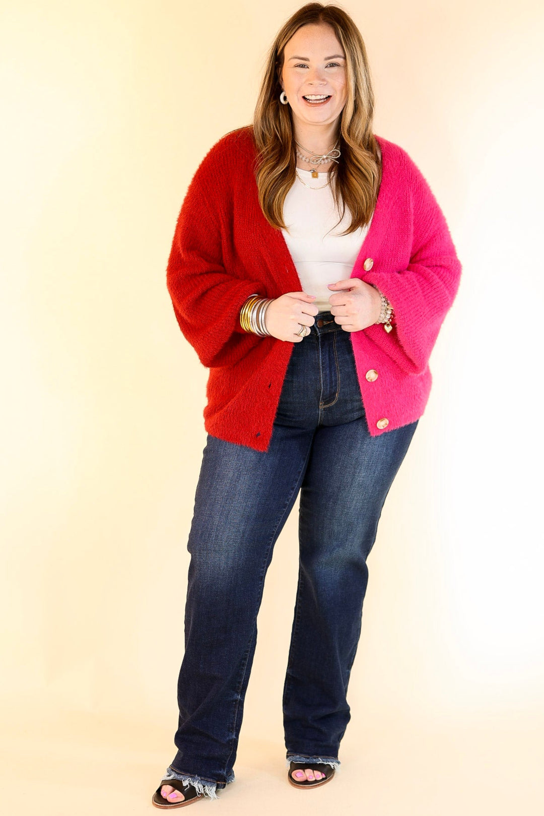 Fireside Feels Color Block Button Up Cardigan with Balloon Sleeves in Hot Pink and Red