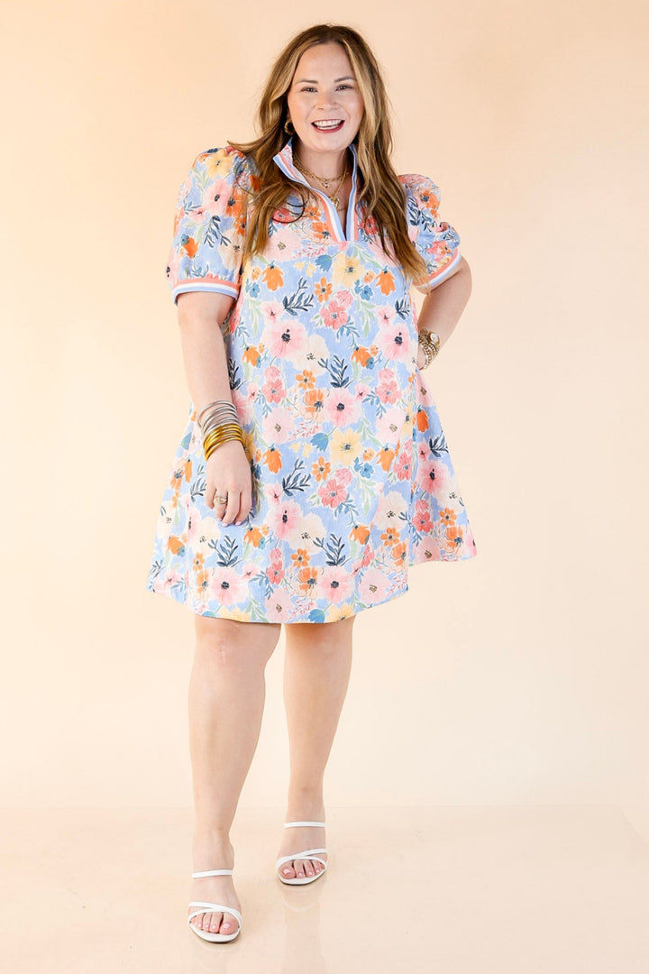 Lovely as Ever V Neck Floral Print Dress in Blue and Pink Mix