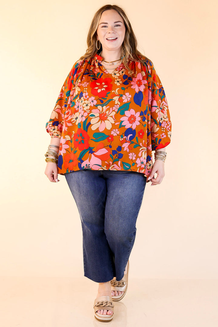 Falling For Floral 3/4 Sleeve Top with Notched Neck in Camel Brown