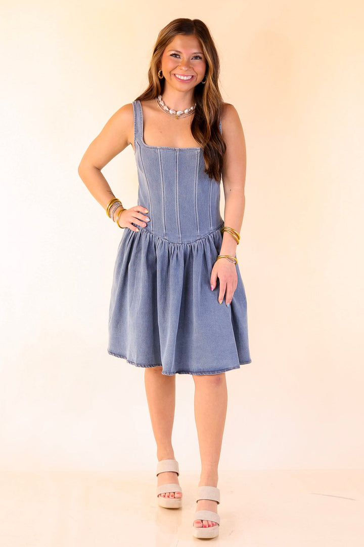 Flirt Factor Corset Denim Dress with Smoked Back in Denim