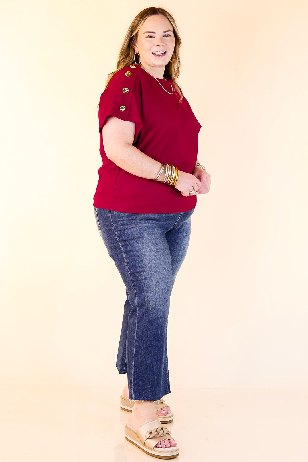 Golden Hour Glow Ribbed Crew Neck Top With Gold Button Detailing in Maroon