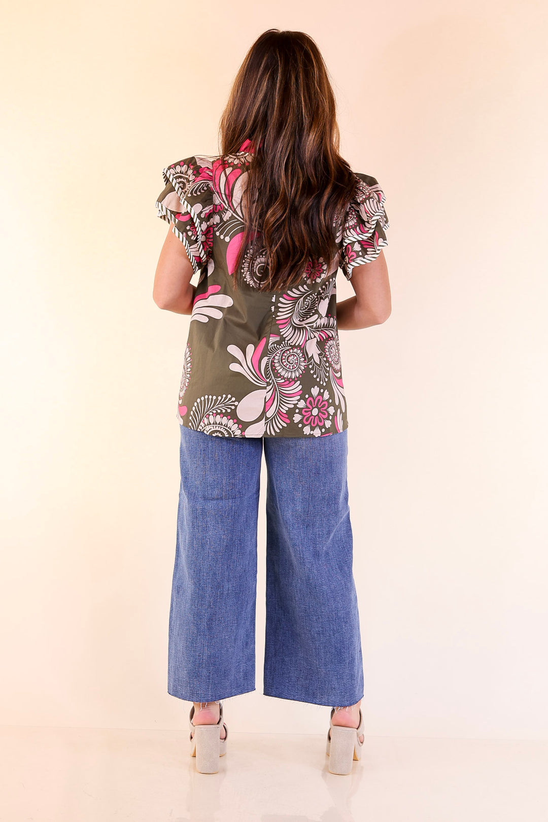 First Impressions V Neck Paisley Top with Ruffle Cap Sleeves and Stripe Detailing in Olive Green