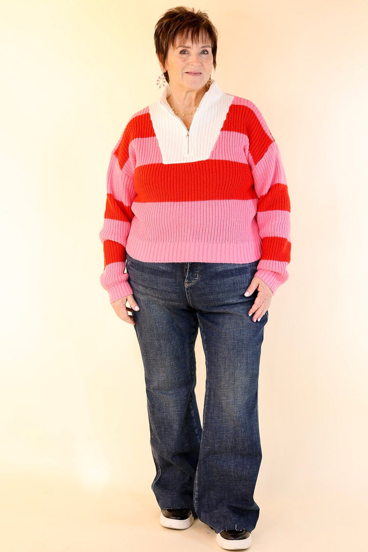 Candy Crush Half Zip Striped Rugby Style Sweater in Red and Pink