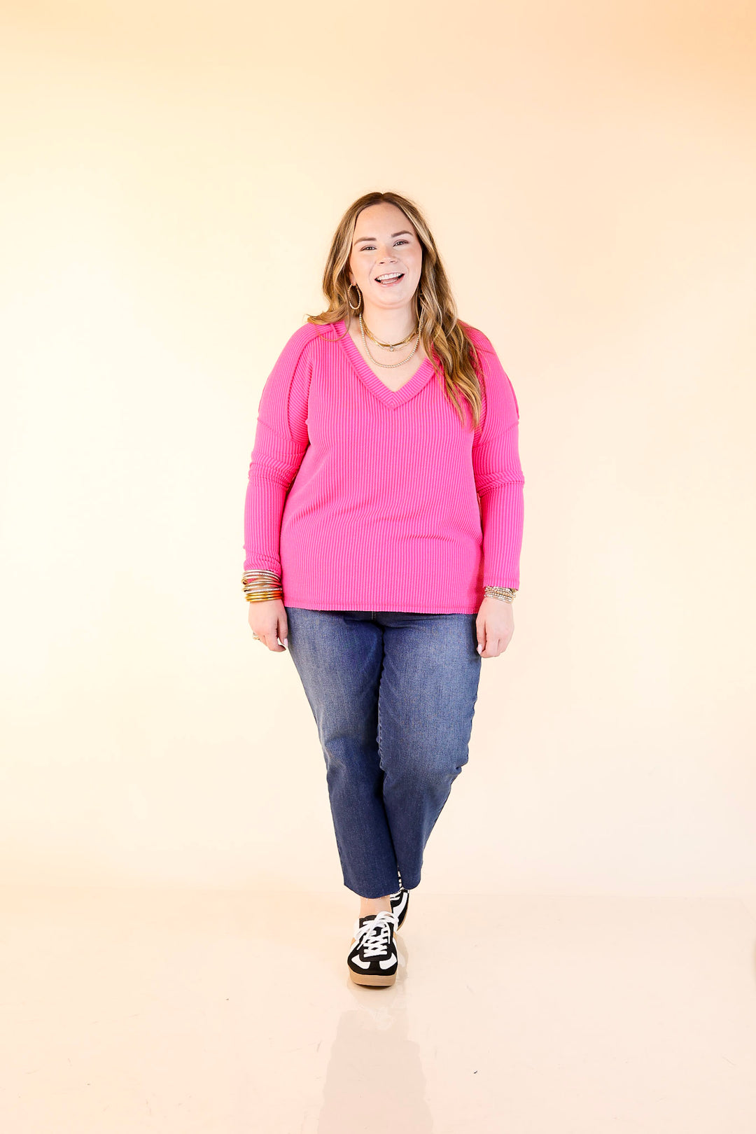 Daily Perfection V-Neck Long Sleeve Ribbed Top in Hot Pink