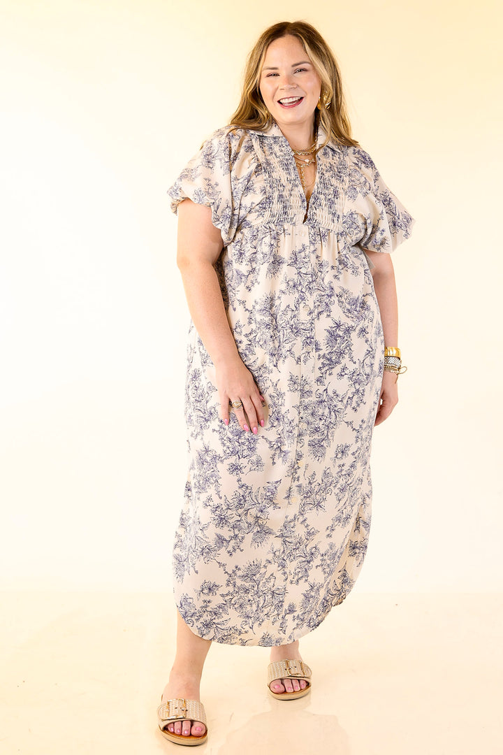 Timeless Blossom Floral Print Button Up Dress in Cream and Blue