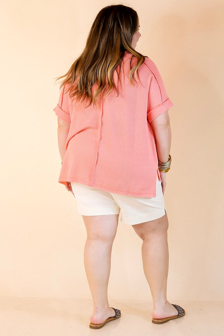Daily Perfection Scoop Neck Short Sleeve Ribbed Top in Salmon Orange