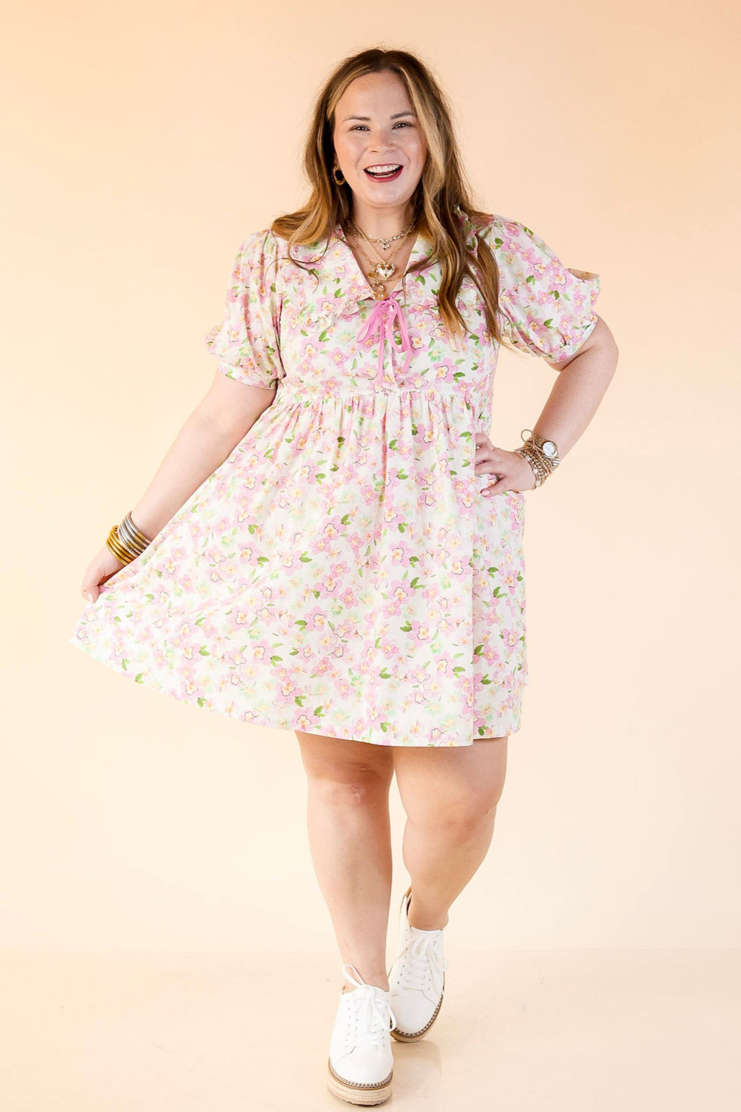Pretty in Petals Pink Floral Babydoll Dress with Peter Pan Collar in Cream