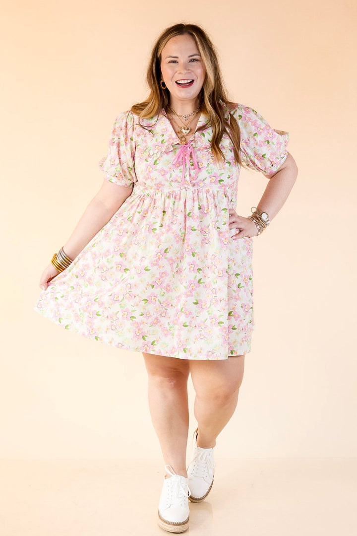 Pretty in Petals Pink Floral Babydoll Dress with Peter Pan Collar in Cream