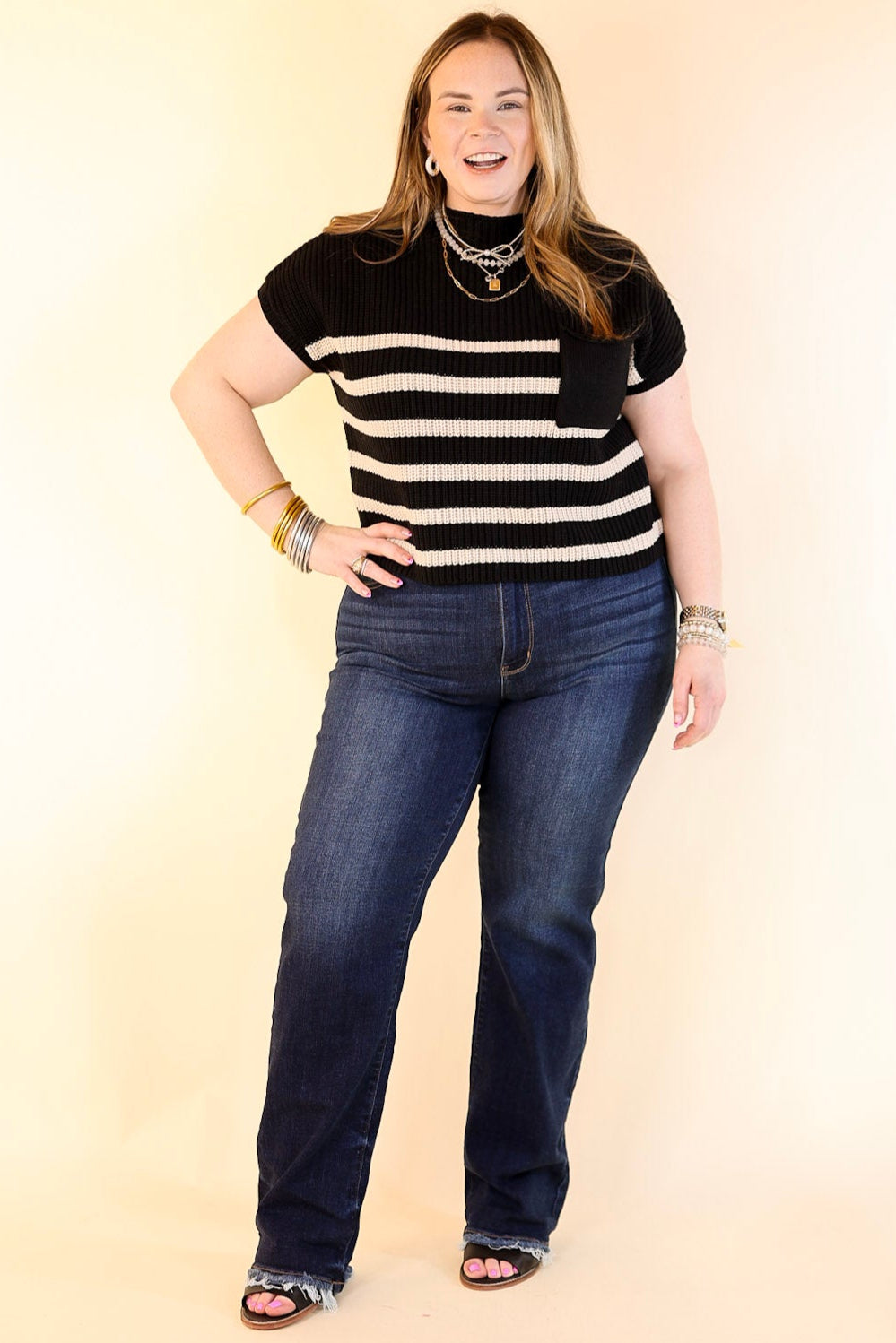 Repeat Worthy Striped Cap Sleeve Cropped Sweater with Front Pocket in Black