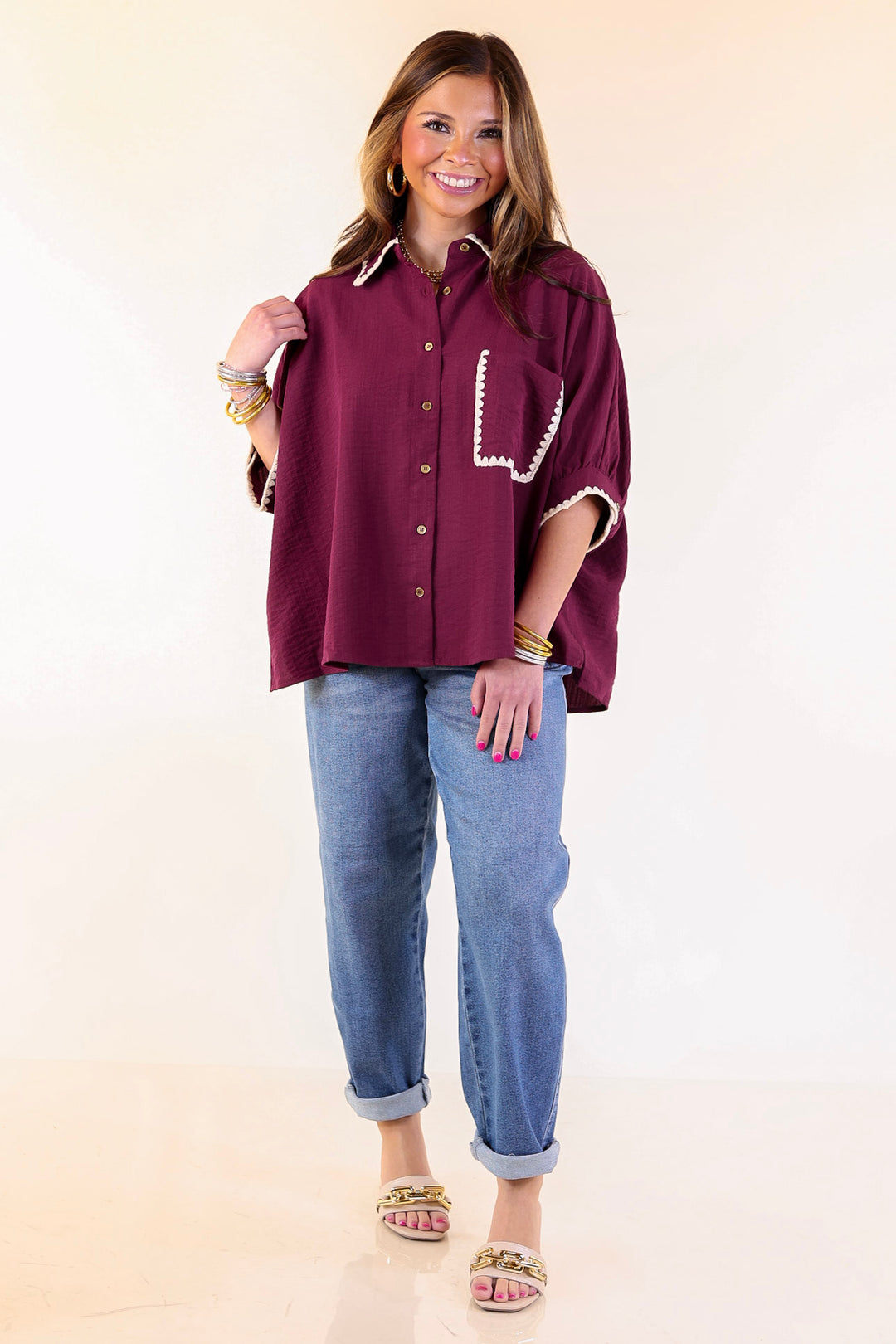 In Good Company Button Up Top with Scalloped Trim Stitching in Maroon