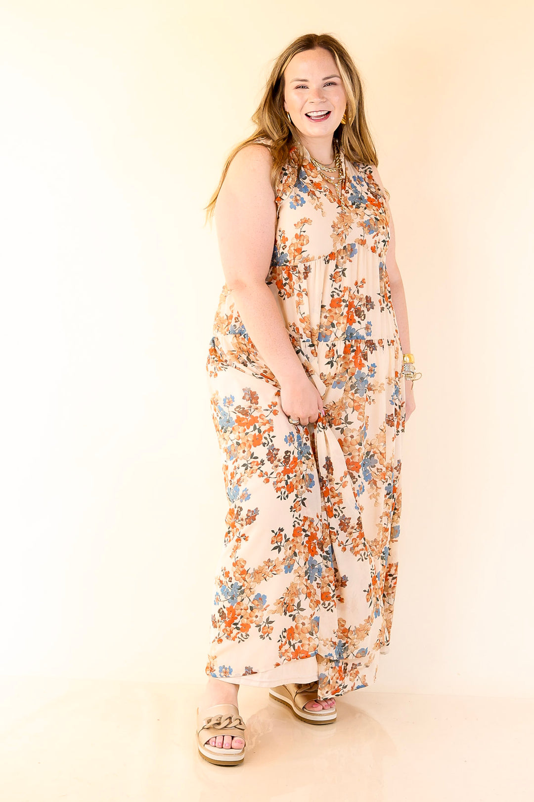 Twirl into Fall Notched Neck Tiered Floral Maxi Dress in Ivory