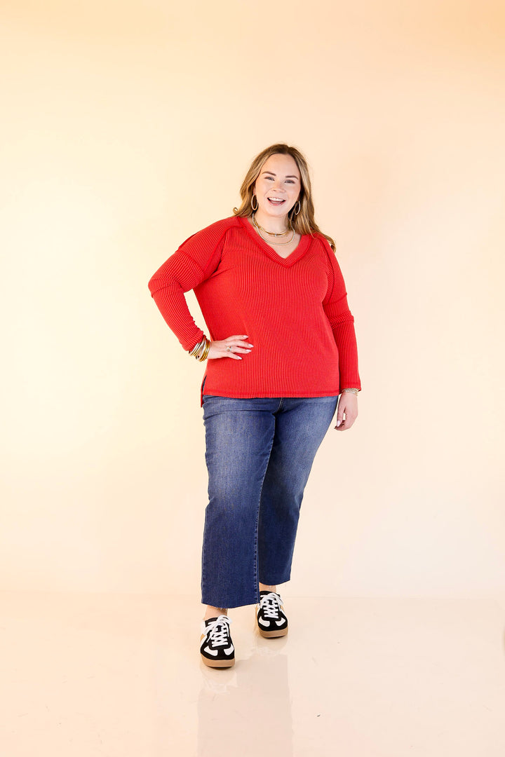 Daily Perfection V-Neck Long Sleeve Ribbed Top in Ruby Red