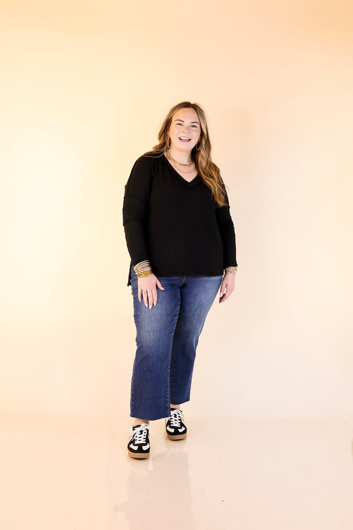 Daily Perfection V-Neck Long Sleeve Ribbed Top in Black
