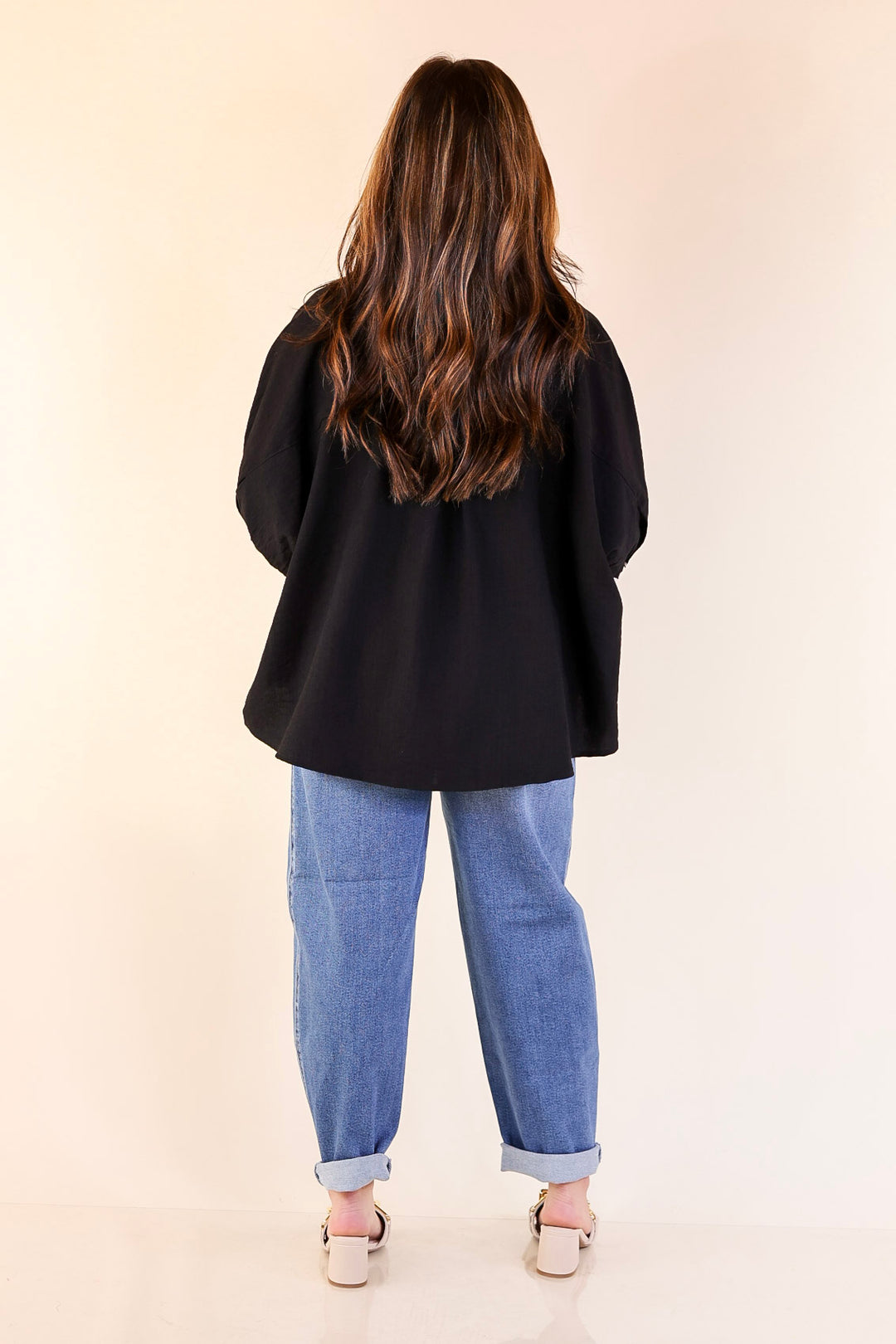 In Good Company Button Up Top with Scalloped Trim Stitching in Black