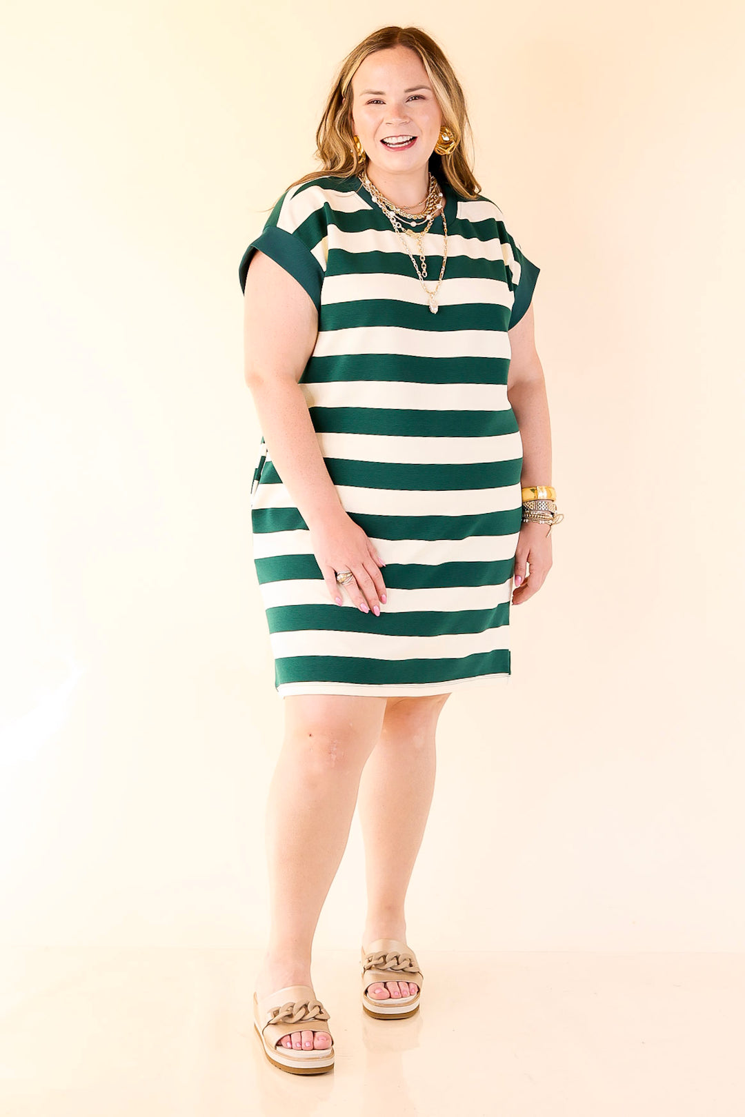 Stripe it Simple Striped Dress with Cap Sleeves in Forest Green and Cream