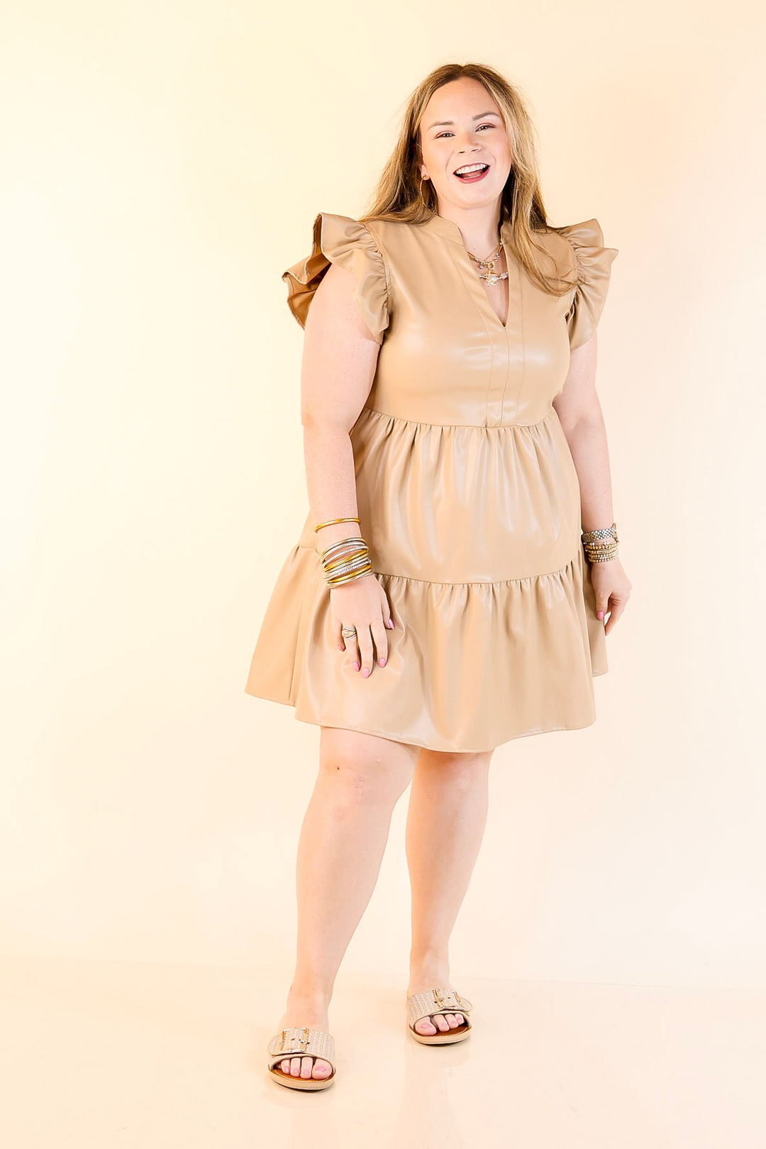 Magnolia Morning Ruffle Cap Sleeve Faux Leather Short Dress in Cream