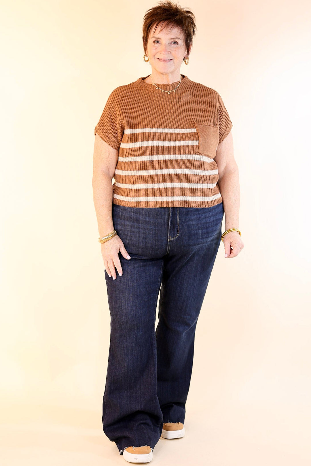 Repeat Worthy Striped Cap Sleeve Cropped Sweater with Front Pocket in Camel Brown