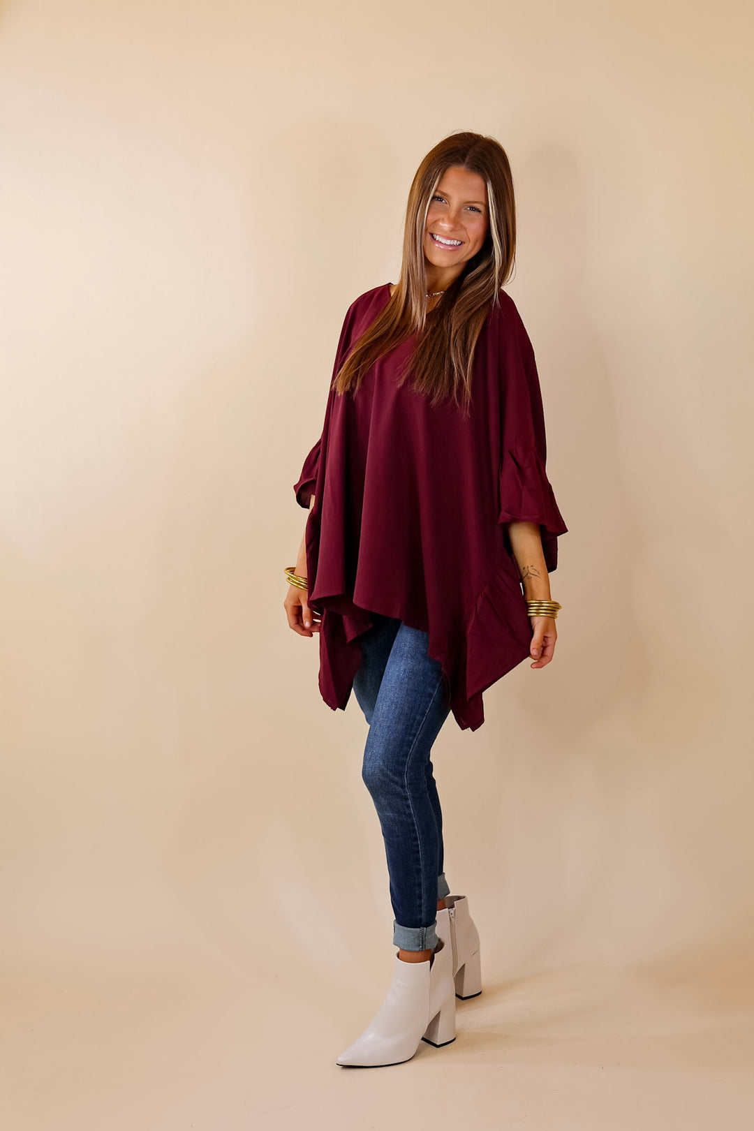Secret Strength Ruffle Detail Poncho Top in Maroon - Giddy Up Glamour Boutique