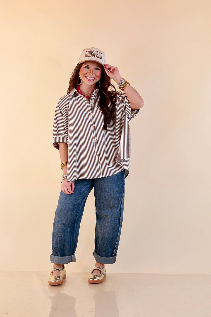 Perfectly Aligned Button Down Collared Top with Vertical Ivory Stripe Detail in Taupe Brown