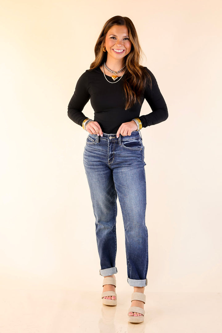 Judy Blue | Naturally Cool Cuffed Boyfriend Denim Jeans in Dark Wash