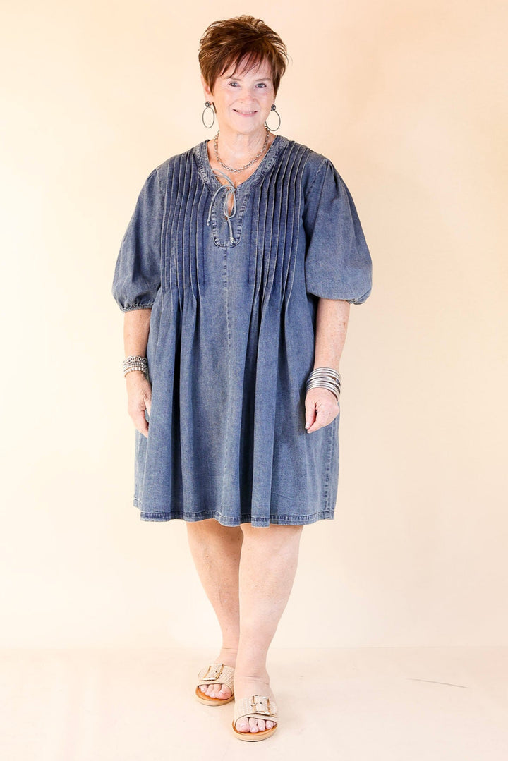 Breezy Beauty Denim Dress with Bow Keyhole and Front Pleating in Medium Wash