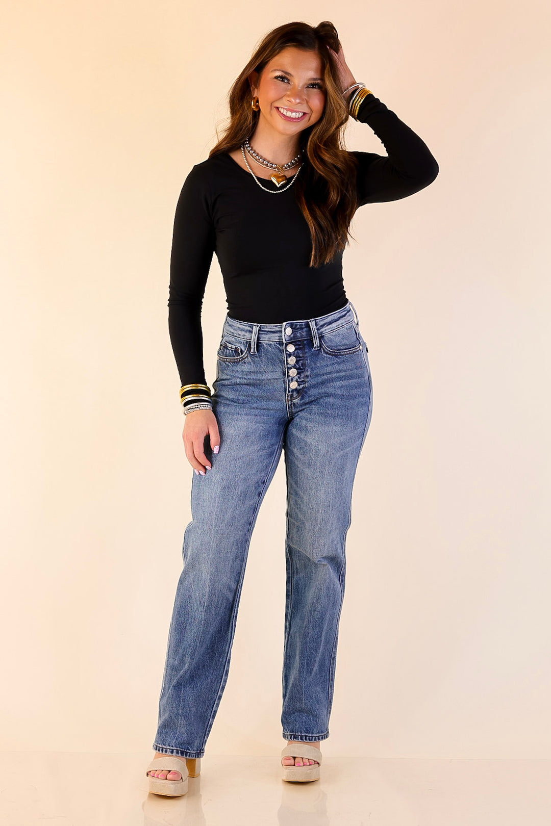 Judy Blue | Simply Styled Rigid Magic Button Fly Slim Straight Jeans in Medium Wash