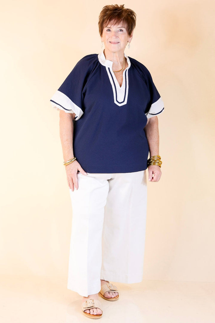 Polished Grace Textured V-Neck Blouse with Contrast Trim in Navy and Ivory