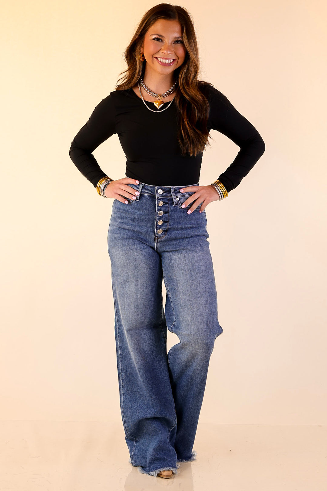 Judy Blue | Sharp Statement Straight Wide Leg Button Fly Jeans with Raw Hem in Dark Wash