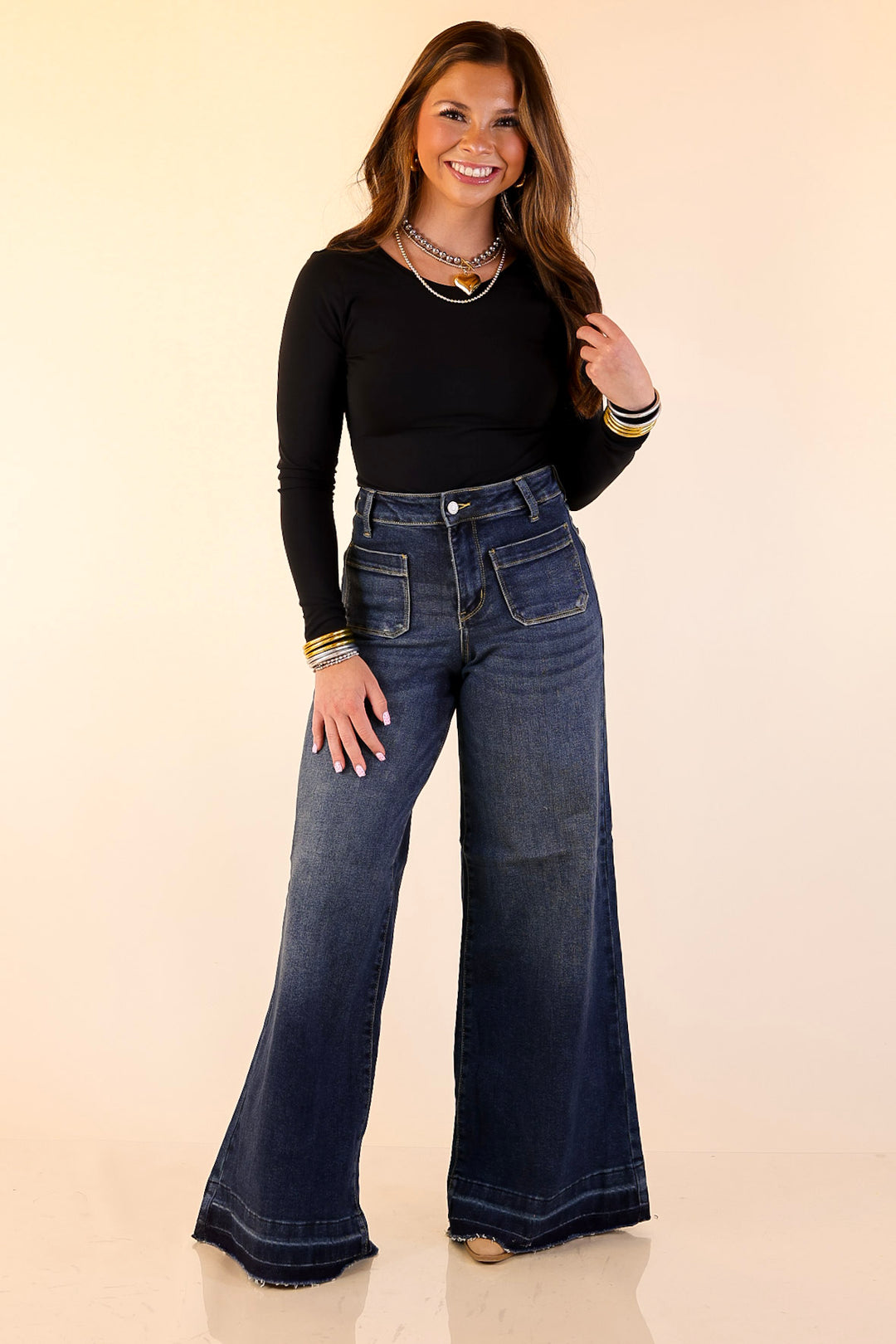 Judy Blue | Statement Maker Wide Leg Palazzo Jeans with Raw Hem and Front Patches in Dark Wash