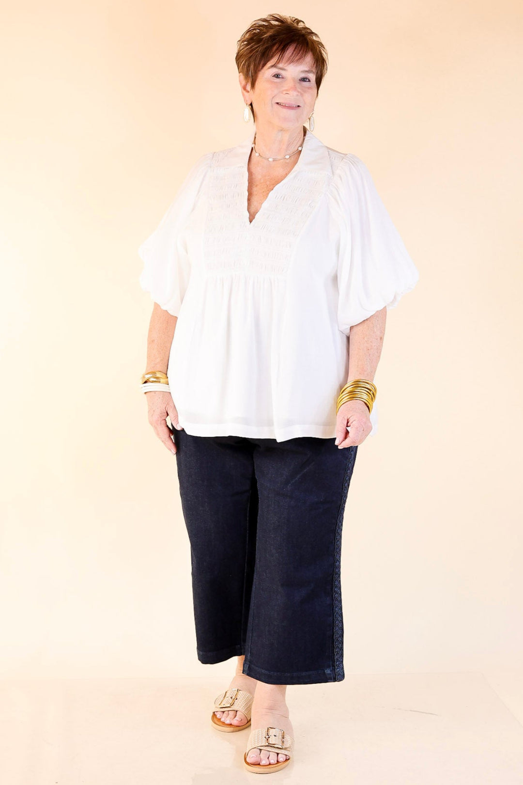 Crush on Classic Flowy Blouse with Smocked Yoke in White