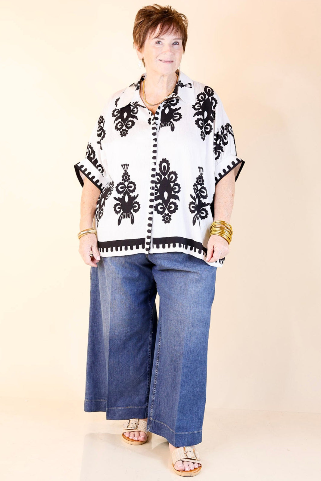 Classic Perfection Damask Print Button Up Collared Blouse in White