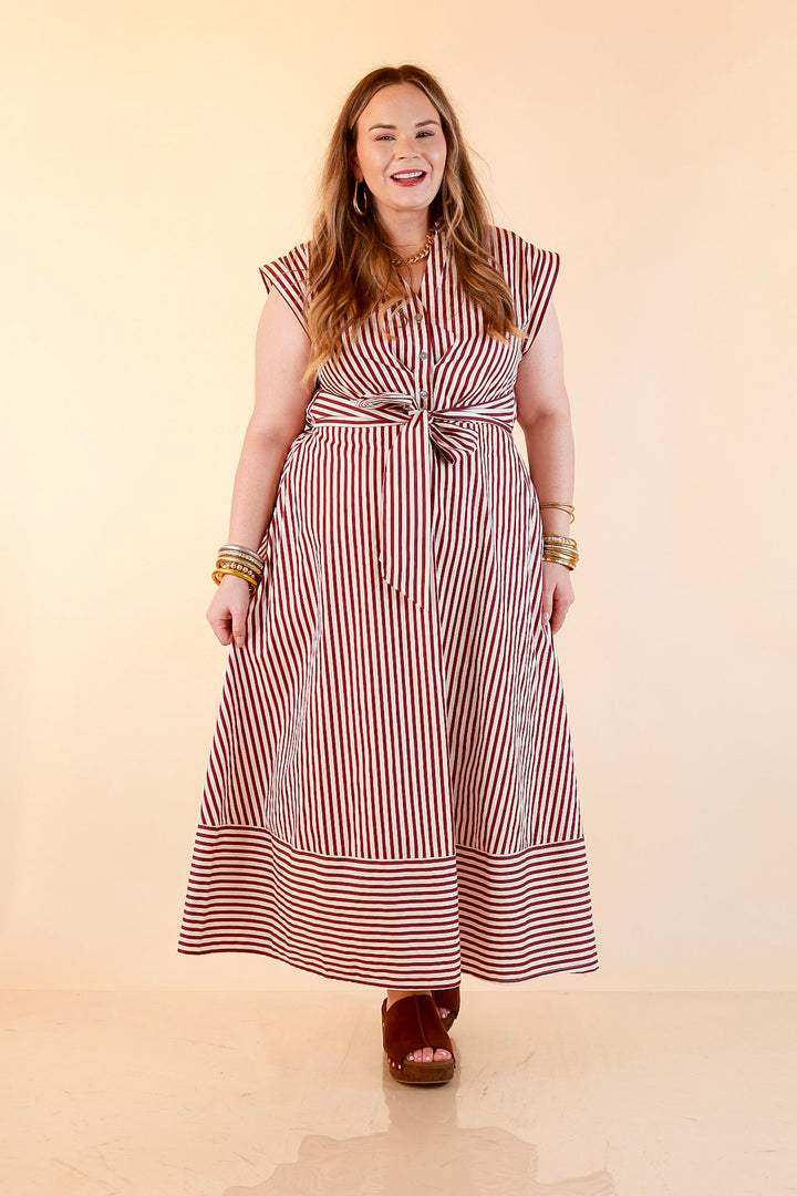 In Good Standing Striped Tie Waist Button Down Midi Dress in Maroon and Ivory