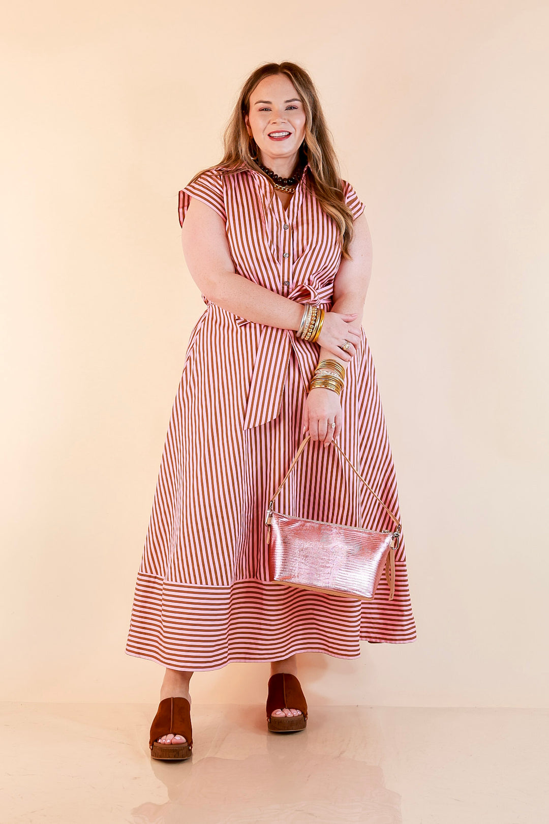 In Good Standing Striped Tie Waist Button Down Midi Dress in Pink and Brown