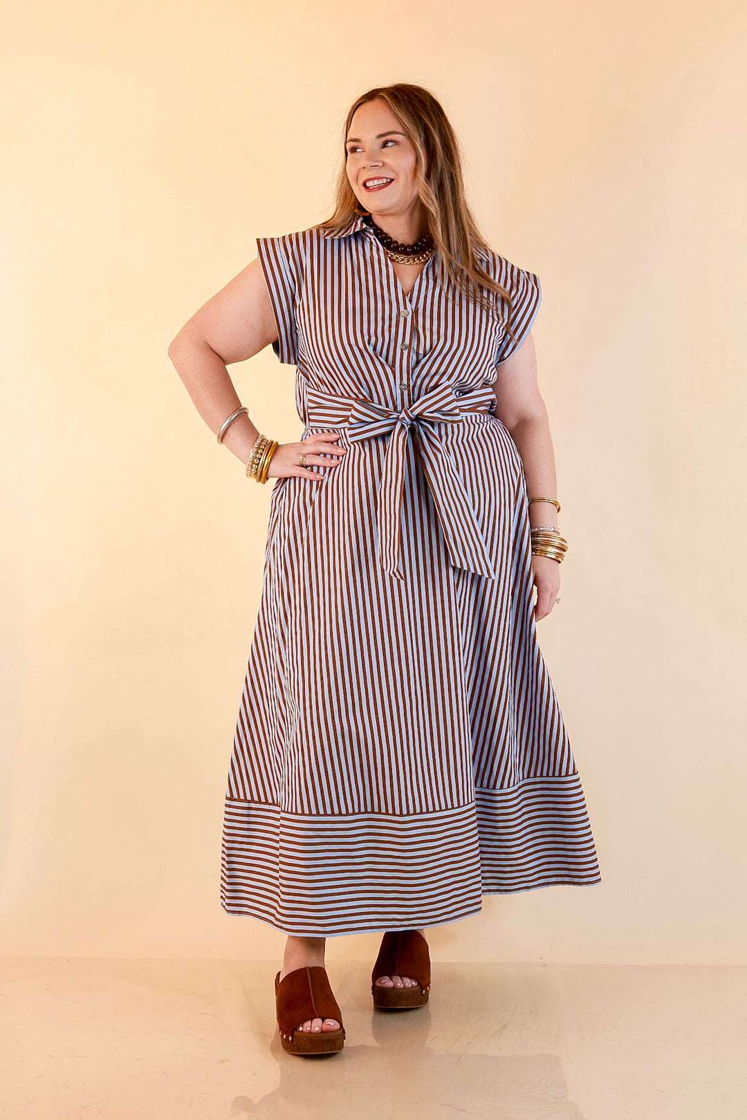 In Good Standing Striped Tie Waist Button Down Midi Dress in Blue and Brown