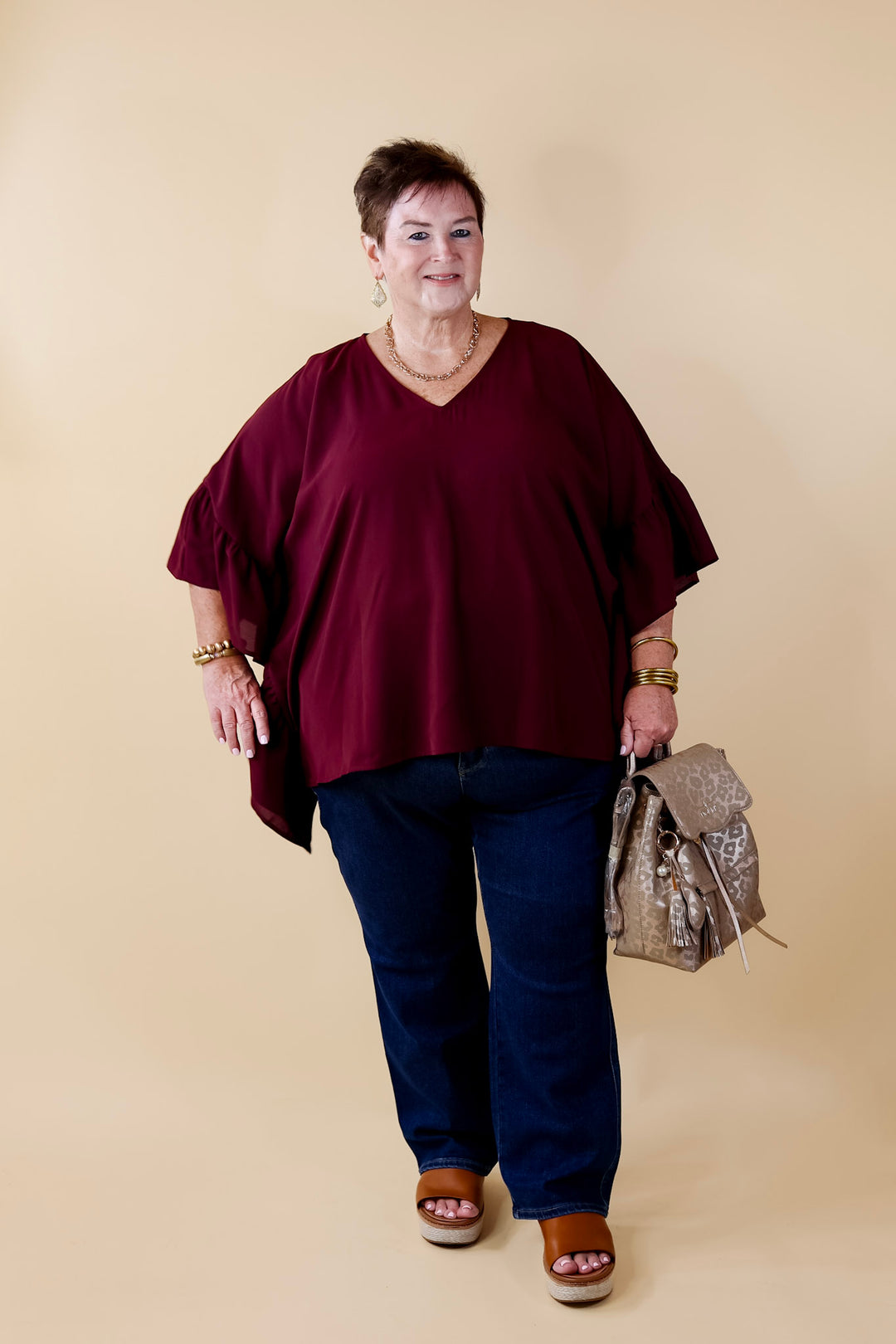 Secret Strength Ruffle Detail Poncho Top in Maroon - Giddy Up Glamour Boutique