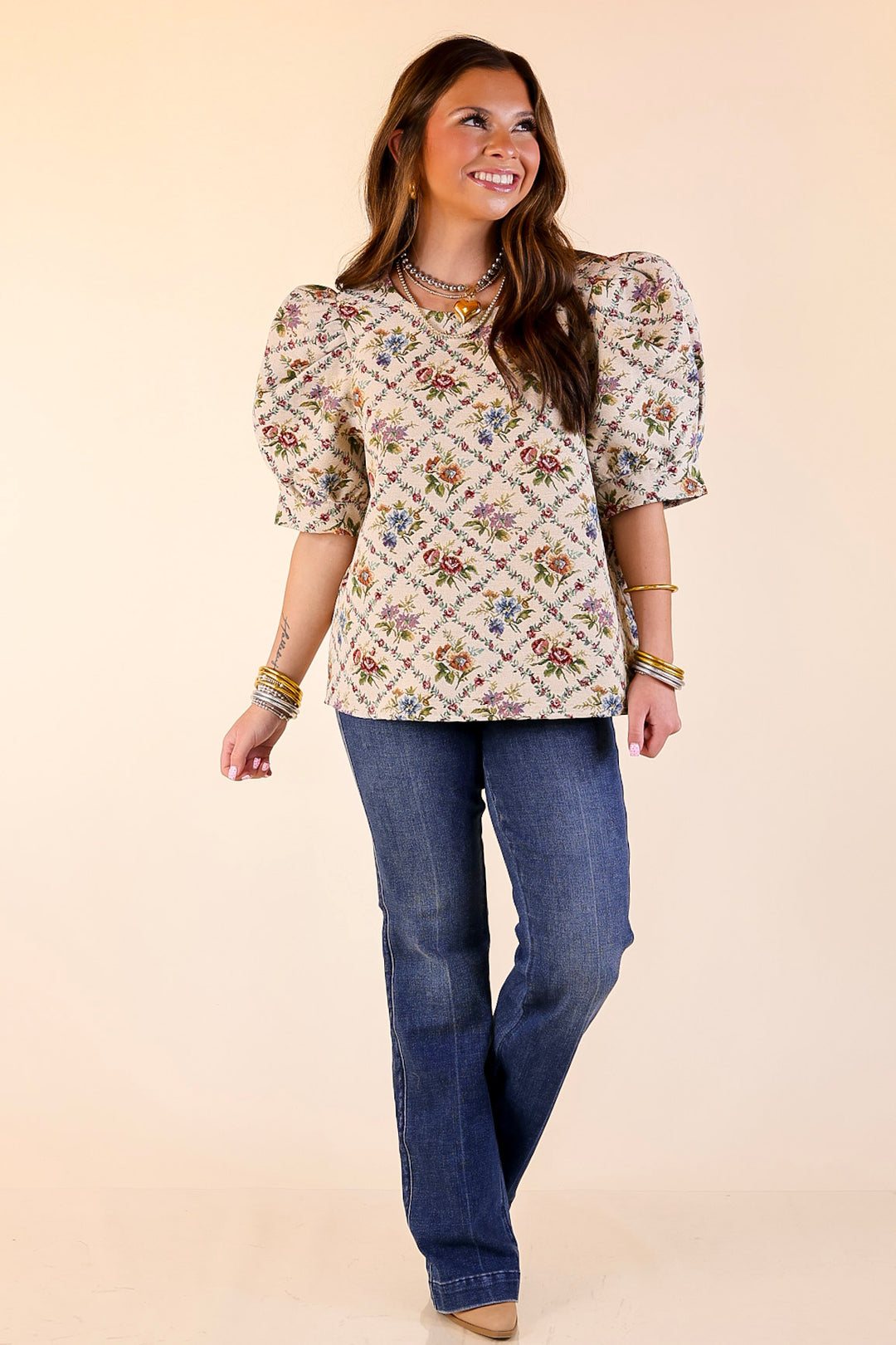 Delicate Details Puff Sleeve Floral Print Top in Cream