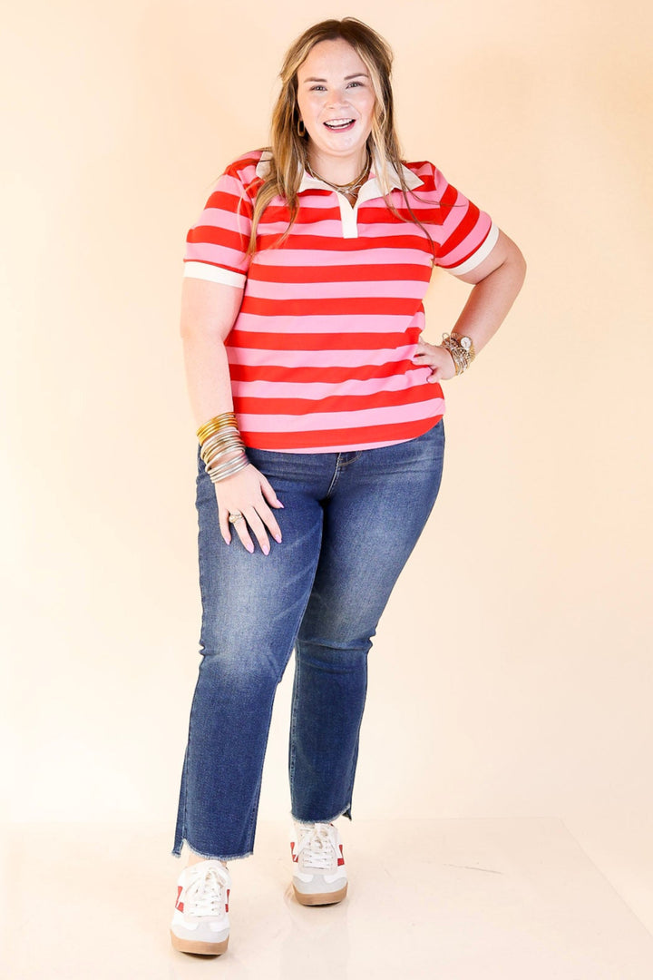 Statement in Stripes Short Sleeve Collared Shirt with Stripes in Pink