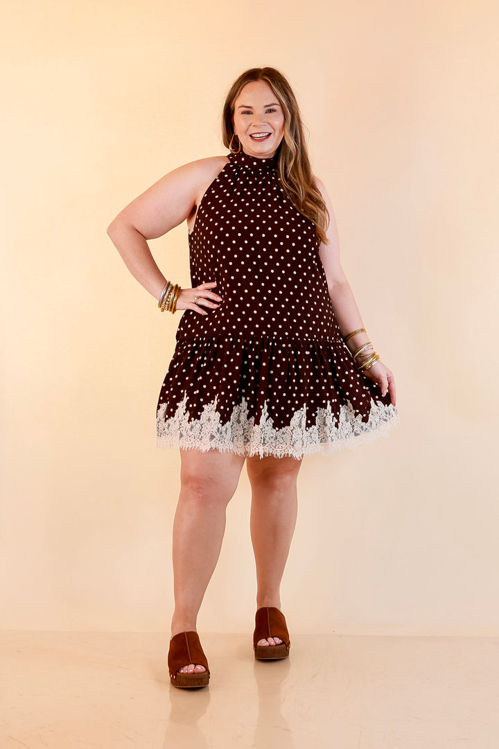 Something to Love Polka Dot Lace Trim Halter Dress in Chocolate Brown and Ivory