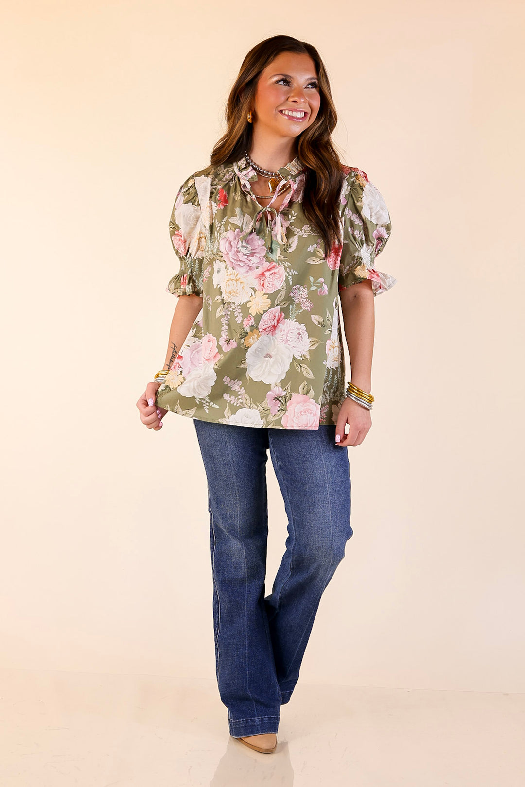 Freshly Picked Floral Print Top with Short Puff Sleeves in Olive Green