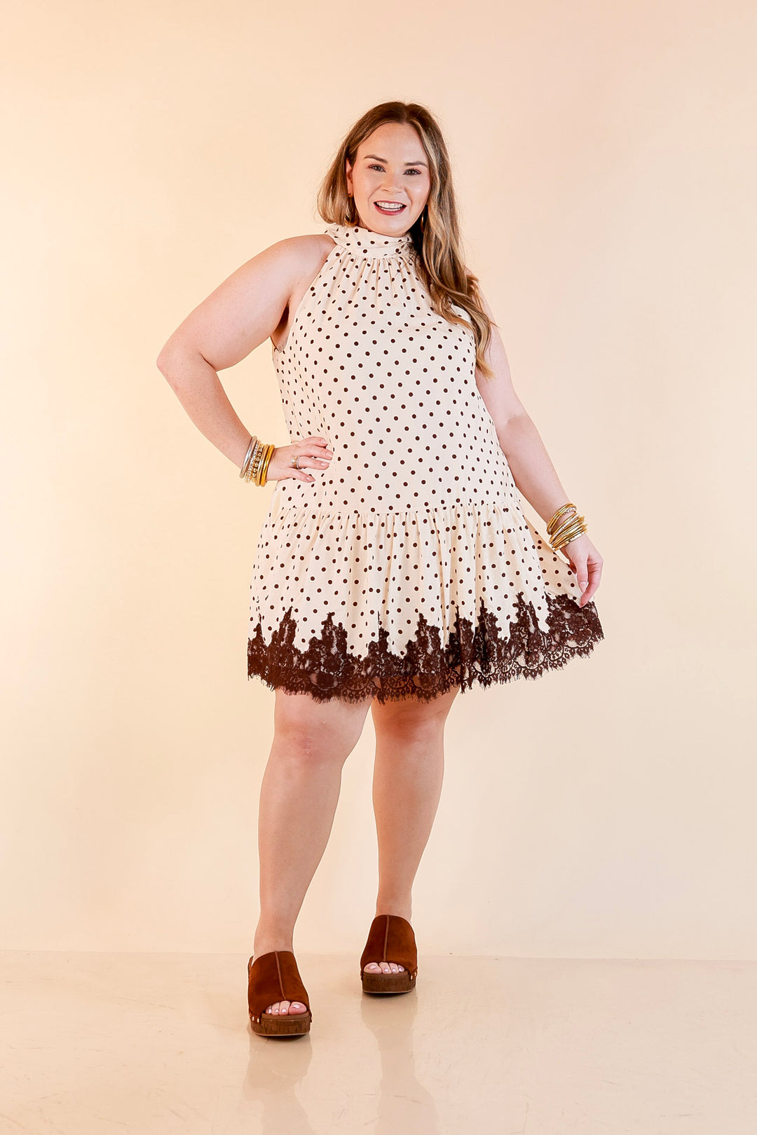 Something to Love Polka Dot Lace Trim Halter Dress in Ivory and Chocolate Brown