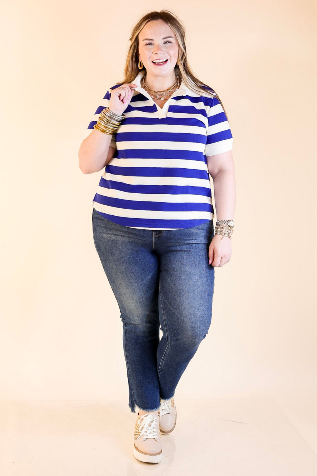 Statement in Stripes Short Sleeve Collared Shirt with Stripes in Blue