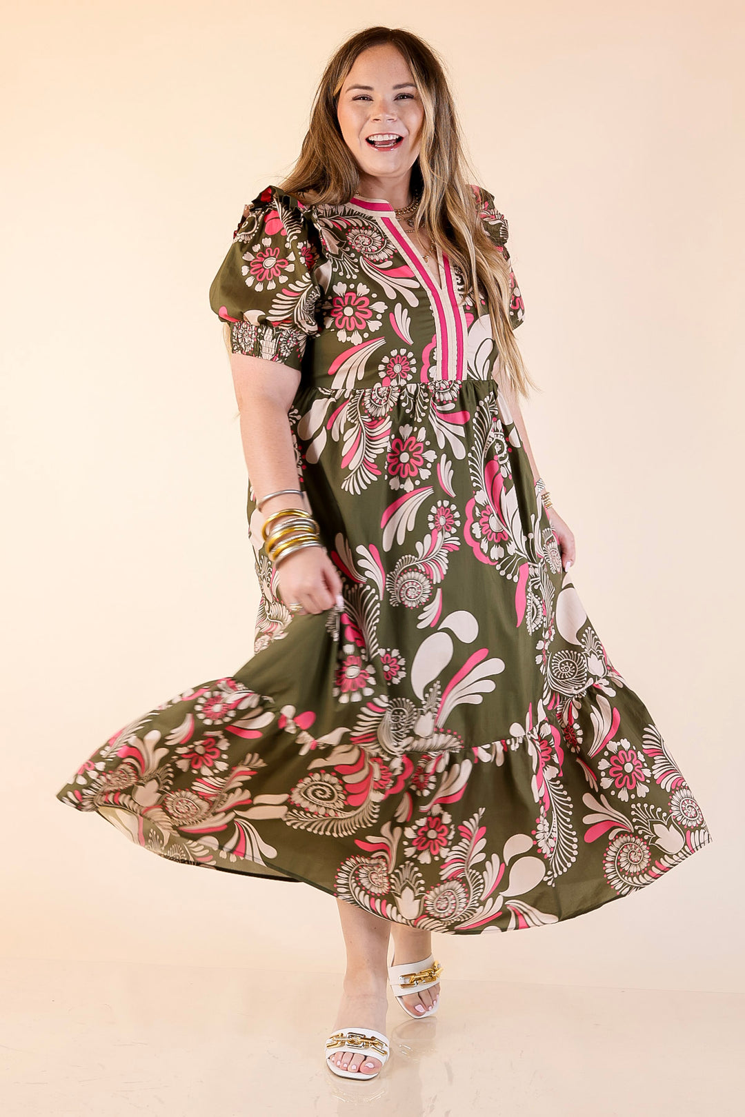 First Impressions V Neck Paisley Midi Dress in Olive Green and Pink Mix