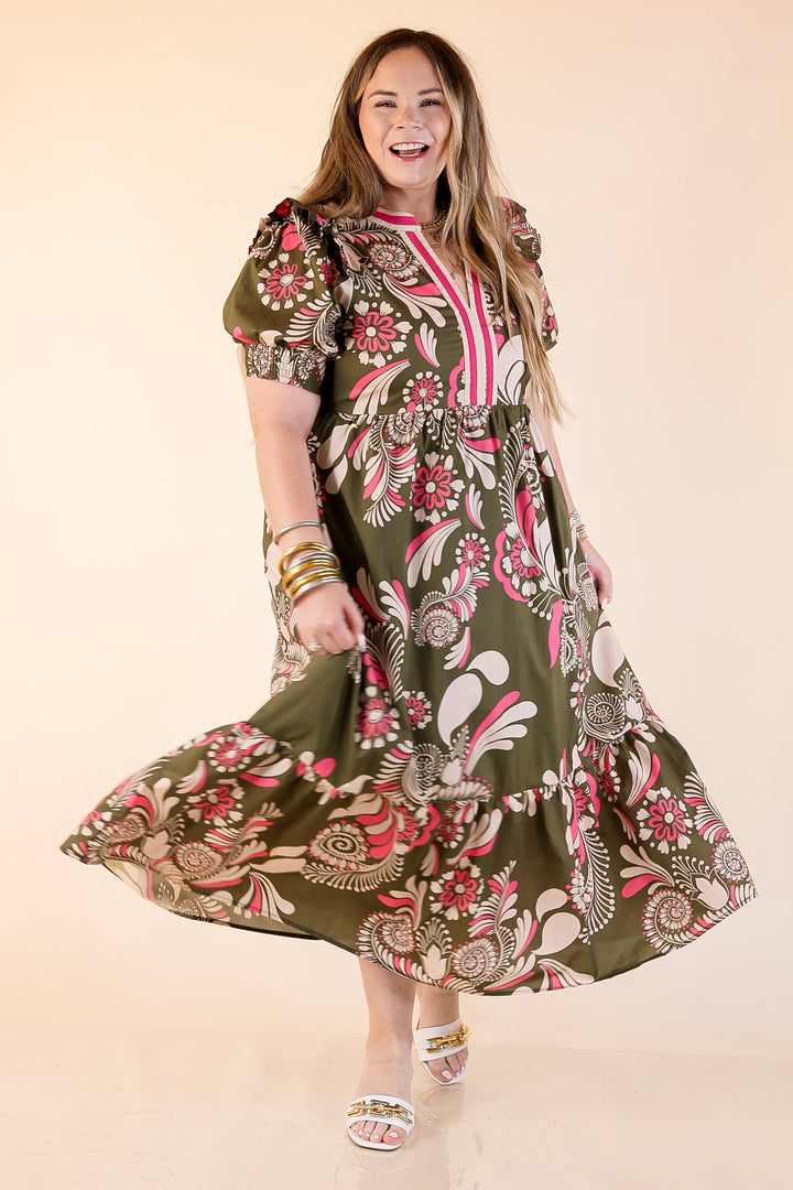 First Impressions V Neck Paisley Midi Dress in Olive Green and Pink Mix
