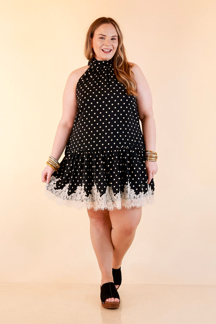 Something to Love Polka Dot Lace Trim Halter Dress in Black and Ivory