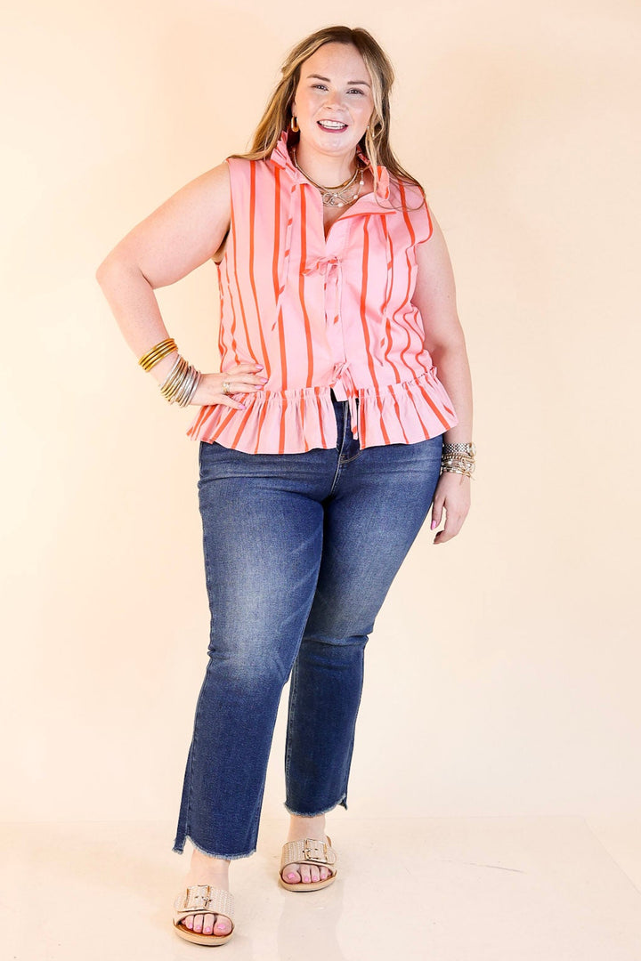 Bow Babe Striped Self Tie Peplum Blouse in Pink