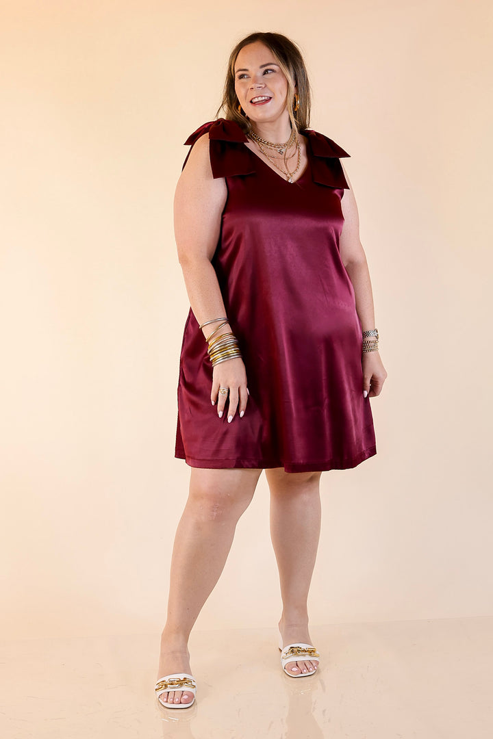 Satin Soirée V Neck Mini Dress with Bow Strap Detailing in Maroon